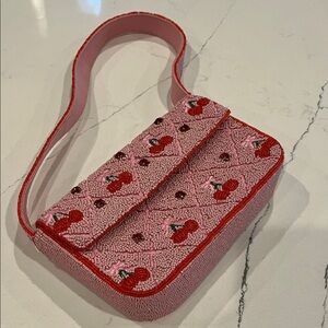 Anthropologie Pink Cherry Embroidered Mini Bag